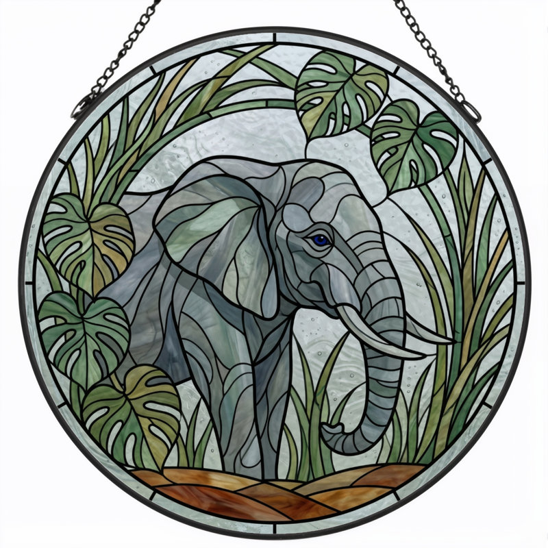 Panneau de vitrail Elephant Jungle, H 12 po