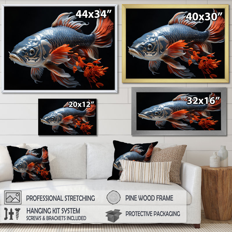 Coral Kois Fish Gentle Beauty - Animals Wall Decor, Cadre flottant noir, H 34 po x l 44 po x P 1,5 po