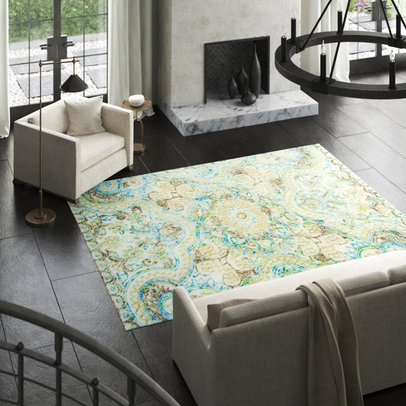 Agra Damask Handmade Tufted Wool Beige/Blue Area Rug, Rectangle 3' x 5'