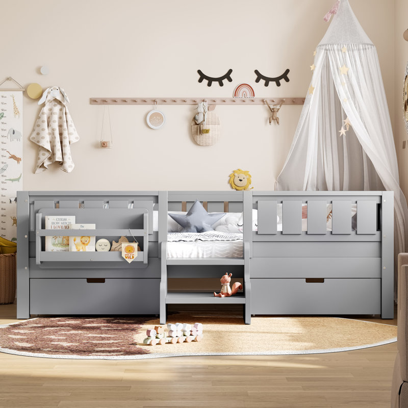 Lit simple pour enfants avec tablettes intégrées, tiroirs de rangement, escalier de sécurité et rails, bois de pin, gris