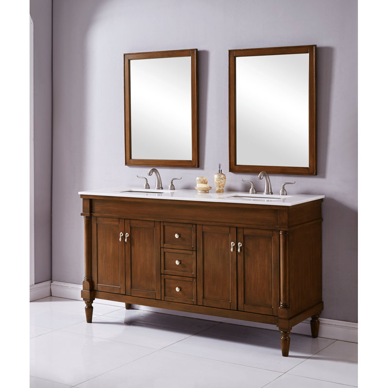 Ensemble de meuble-lavabo double 60 po Lexington, Noyer, Veines blanches / brunes