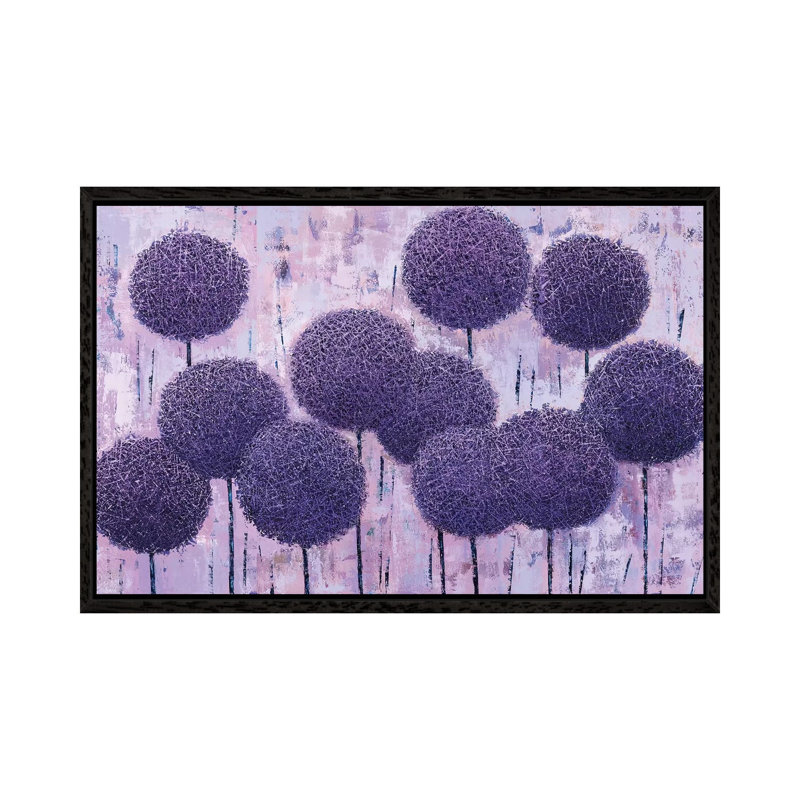 Purple Geometry Triptych by Olena Bogatska - Painting on Canvas, 101.6cm H x 152.4cm W x 3.81cm D, Black Framed