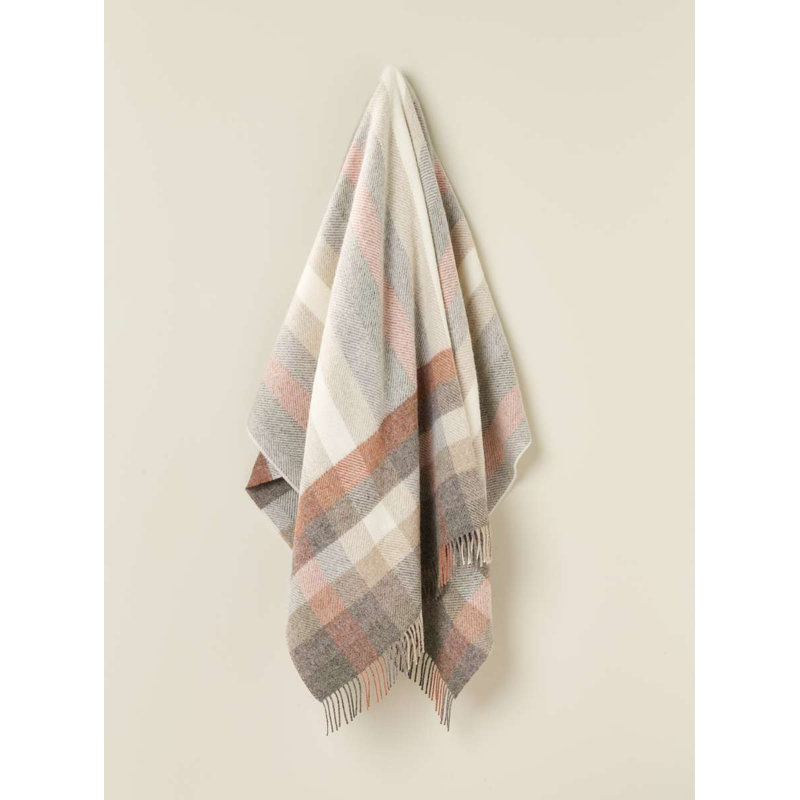 Jeté en laine Shetland, Blanc / gris / beige / orange géométrique