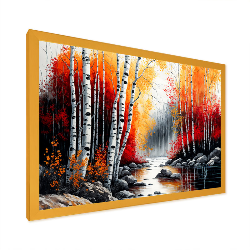 Bouleaux rouges et oranges au bord de la rivière - Impression sur toile, Impression dorée sur toile encadrée