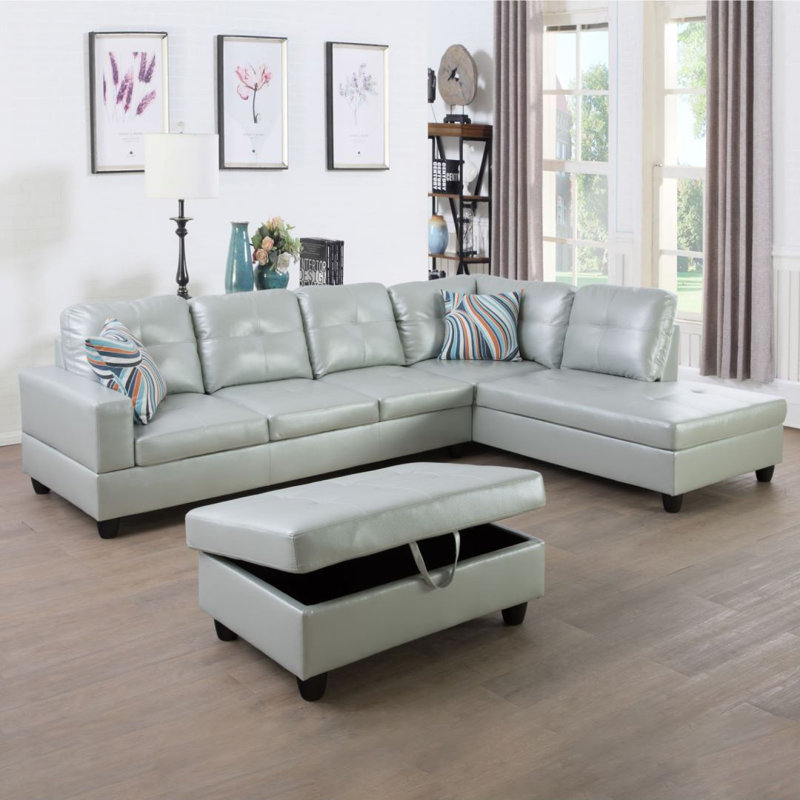 3-Piece Upholstered L-shaped Living Room Sectional, Right Hand Facing, Silver/Green