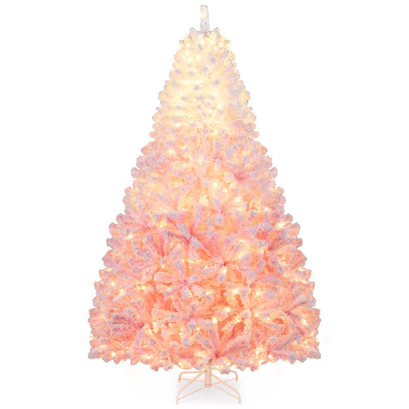 Arbre de Noël artificiel 7 pi avec 350 lumières DEL blanc chaud, 8 modes d'éclairage et base pliante en métal blanc et rose