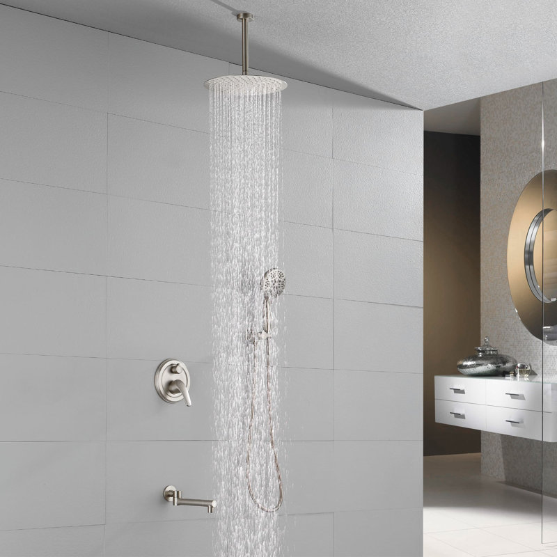 Système de douche de baignoire de plafond de 12 pouces avec douche à main à poignée simple Ensemble de garniture de douche multifonctionnelle en laiton avec valve brute