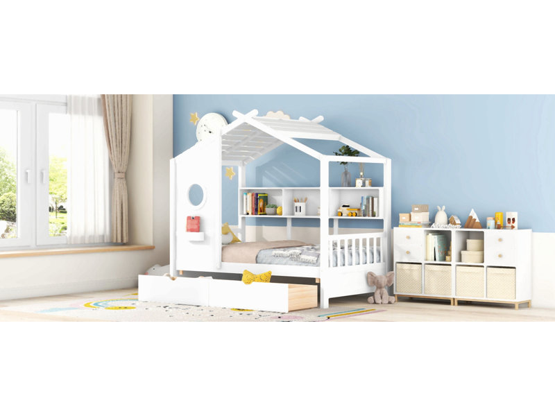 Lit en bois avec 2 tiroirs, lit pour enfant avec tablette de rangement, Lit simple, Blanc
