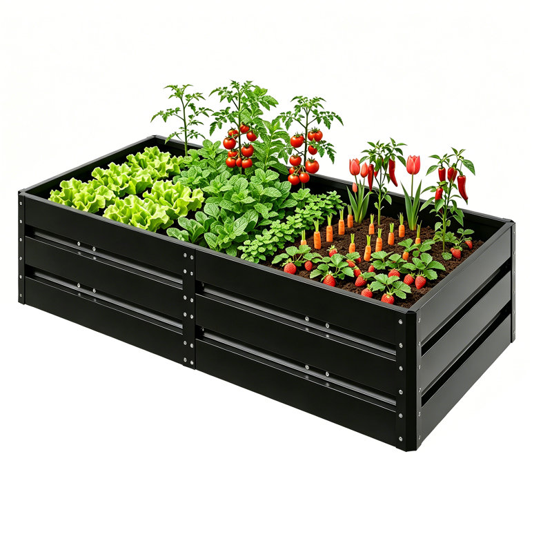 Lit de jardin surélevé en métal noir 76 po x 37 po x 17 po, boîte à fleurs en acier inoxydable 3 pi x 6 pi avec base ouverte et tiges de support pour légumes