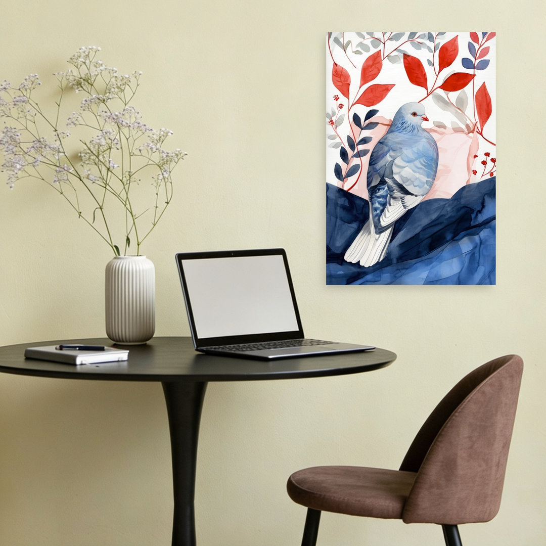 Blue Dove Red Leaves Peaceful Serene Abstract Bird Autumn Nature Wall Art Print
