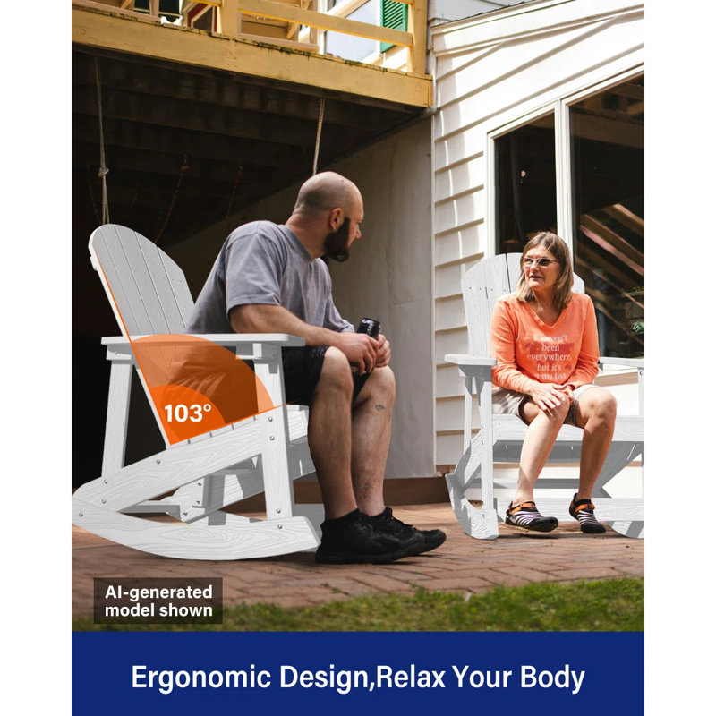 Outdoor Rocking Chair,Adirondack Rocking Chair,Patio Rocker Chair With Wide Back,Oversized Rocker Chair Look Like Real Wood, For Lawn, Porch, Backyard, Indoor And Garden, White