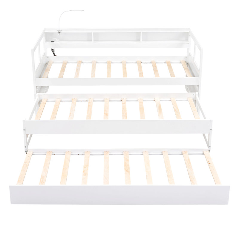 Twin XL Wood Daybed with 2 Trundles, 3 Storage Cubbies, 1 Light for Free and USB Charging Design, White