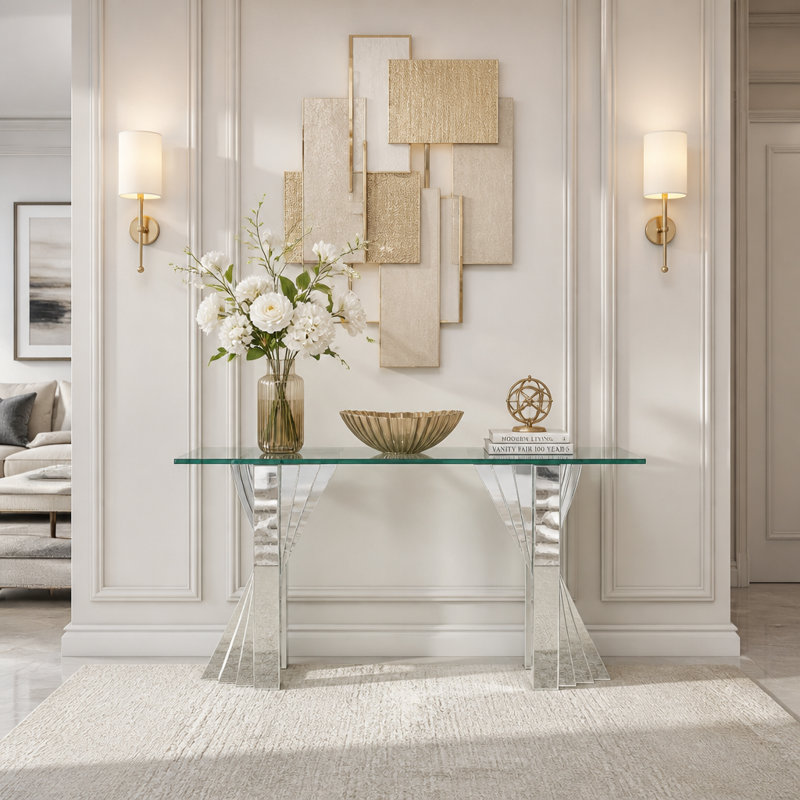60" Silver Console Table With Tempered Glass Top and Stainless Steel Base