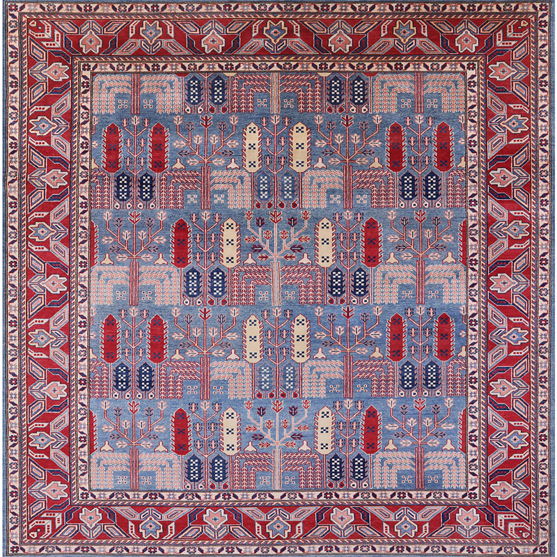 Tapis oriental rouge et bleu, Carré 7 pi