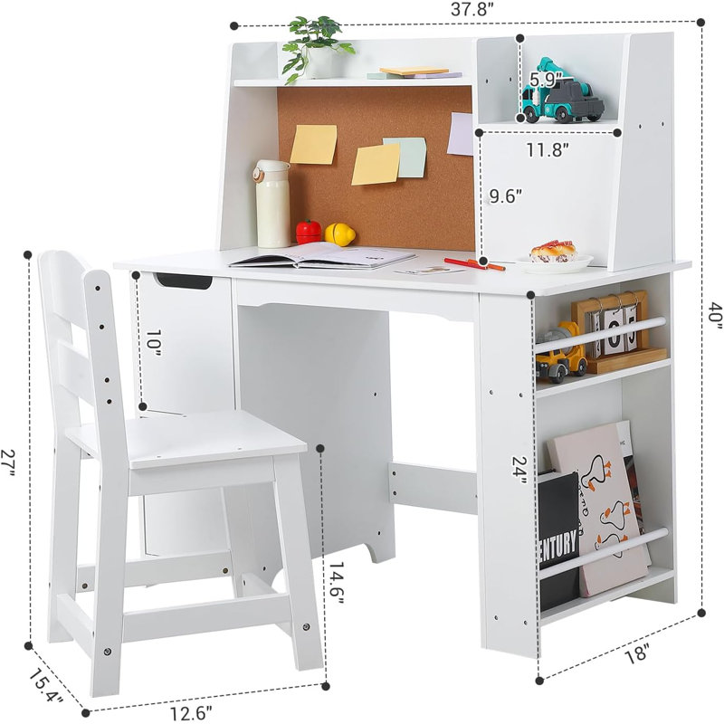 Ensemble de bureau et chaise pour enfants avec rangement et babillard - Table d'étude en bois