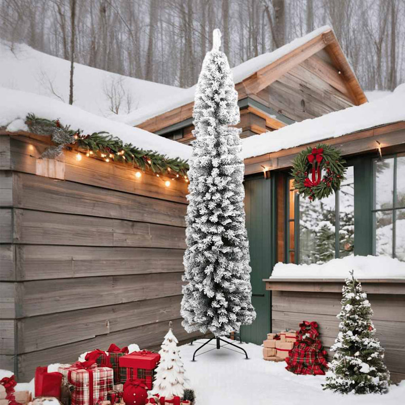 Mince arbre de Noël artificiel, Vert et blanc, 82.7", avec 300 DEL et 120 boules blanches / grises