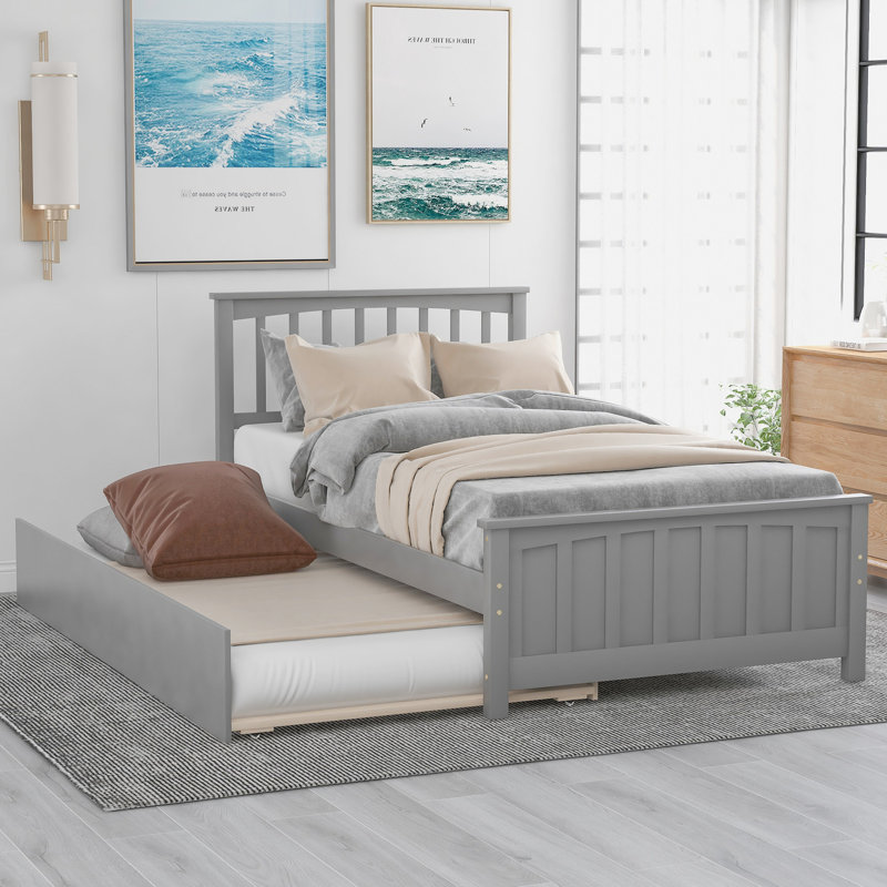 Lit plateforme simple avec lit gigogne en bois de pin massif pour un cadre de chambre à coucher reposant, Gris