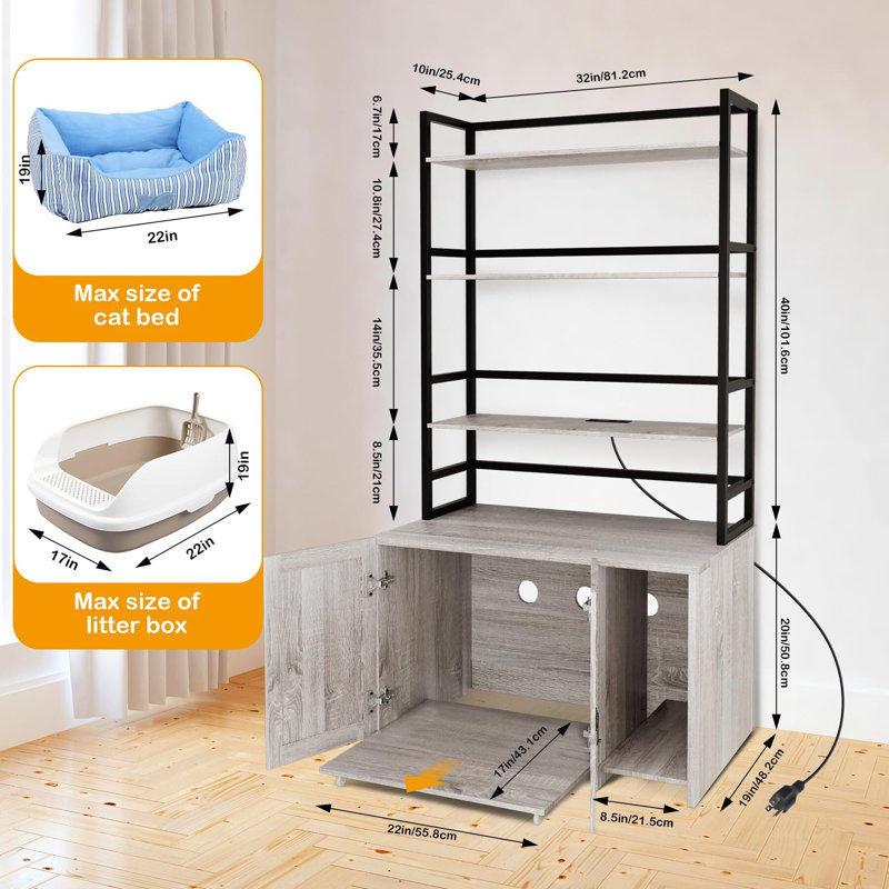 Large Gray Cat Litter Box Enclosure with Shelves and Charging Station