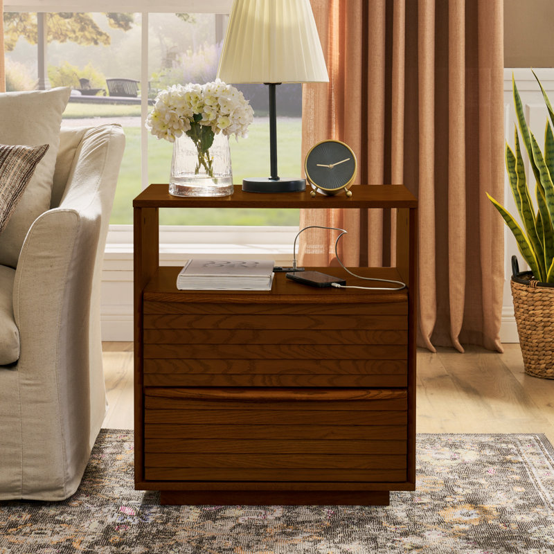 Table de chevet moderne Mid-Century avec station de charge pour chambre à coucher, Brown