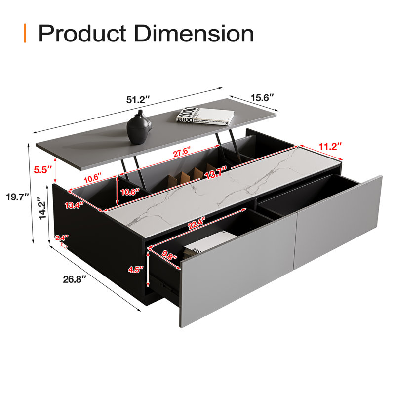 51‘’ Lift Top Coffee Table With Sintered Stone Top And Hidden Compartment Storage Drawers