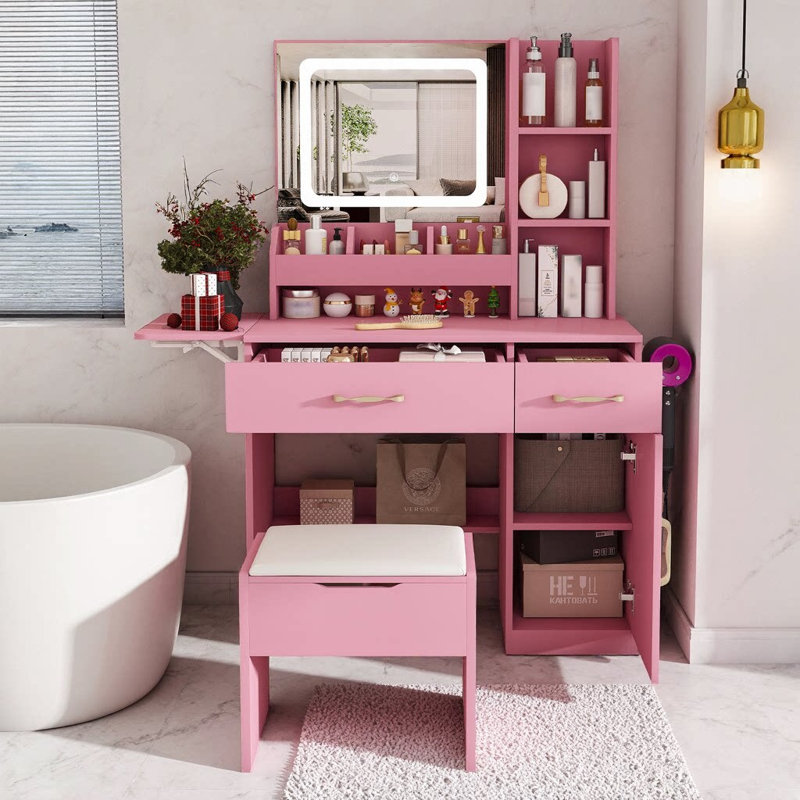 Bureau de coiffeuse 41,9 "avec miroir DEL et prise de courant | Coiffeuse à maquillage avec 3 tiroirs, 7 tablettes et tabouret de rangement | Luminosité réglable, 3 modes d'éclairage