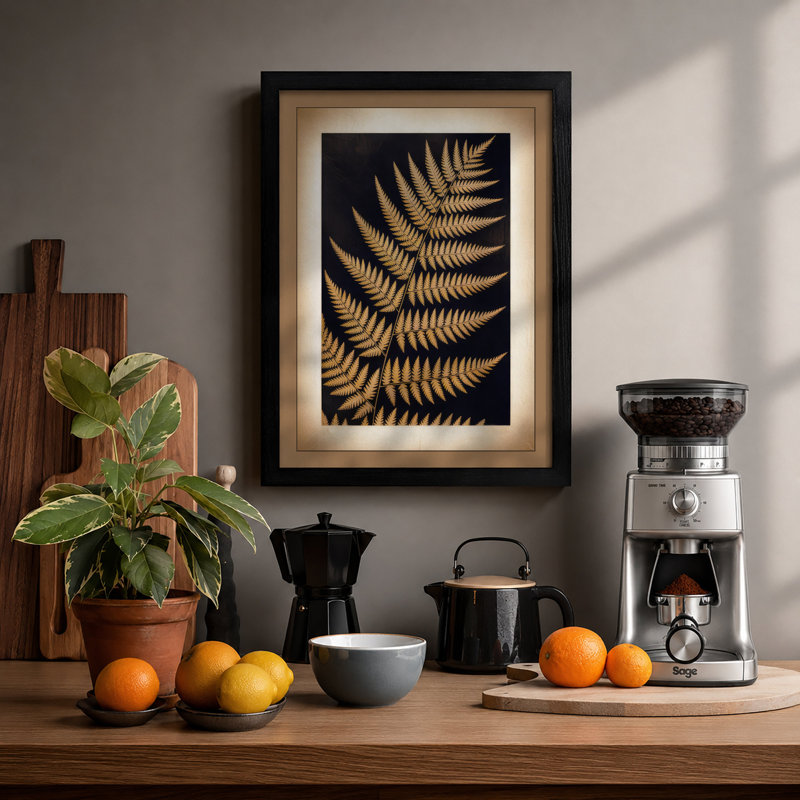 Golden Fern Fronds Botanical - Framed Print, A2 - 59.4 x 42.0 cm, Black