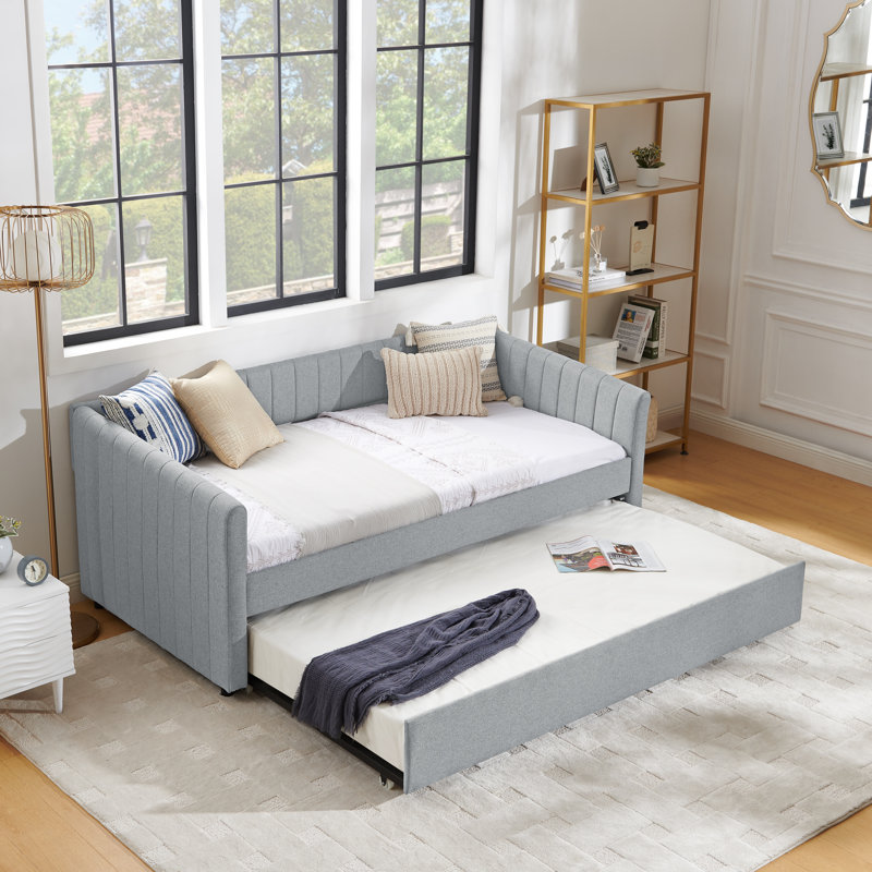 Twin Size Daybed With Trundle Upholstered Sofa Bed, With Vertical Stripes, Linen Fabric, Grey, Gris, Simple