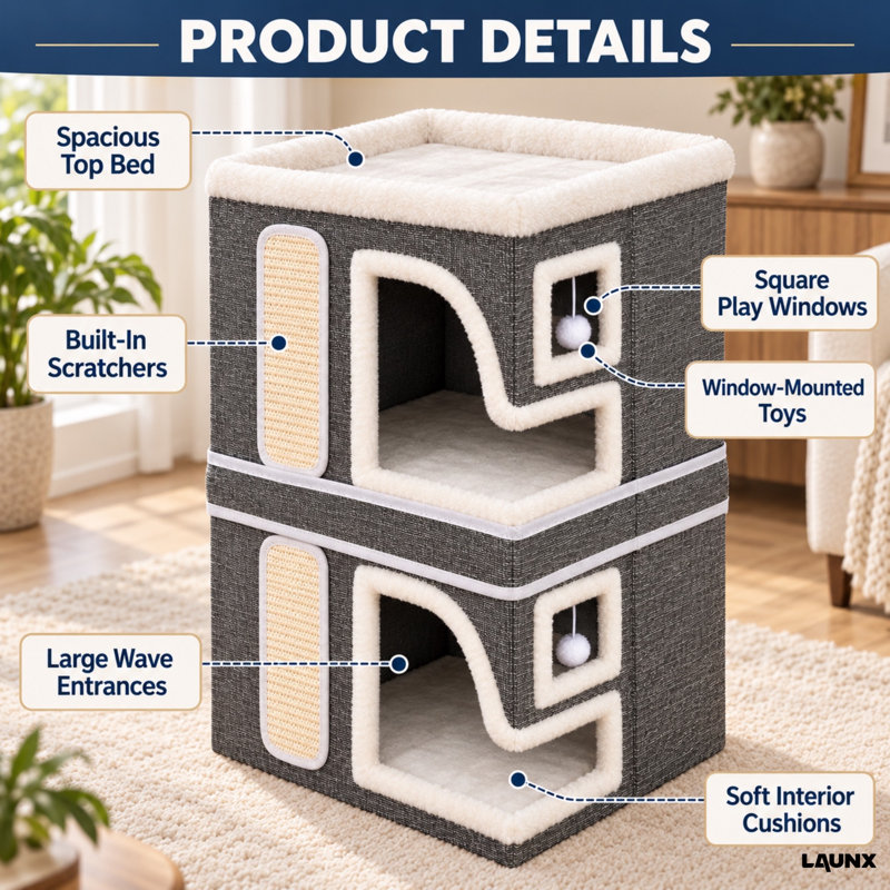 Maison pour chats à deux étages pour chats d'intérieur / Lit superposé à deux niveaux avec griffoirs, balle à jouer suspendue et perchoir balcon / Gris / Idéal pour plusieurs chats et chatons