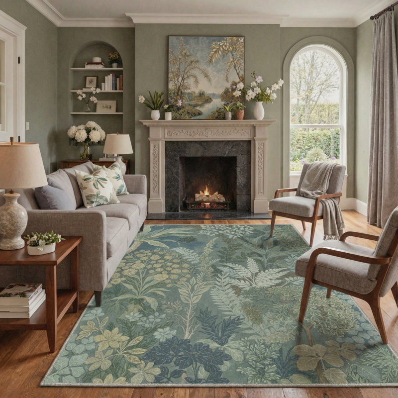 Tapis d'intérieur vert lavable à la machine Verdure, Rond 5 pi