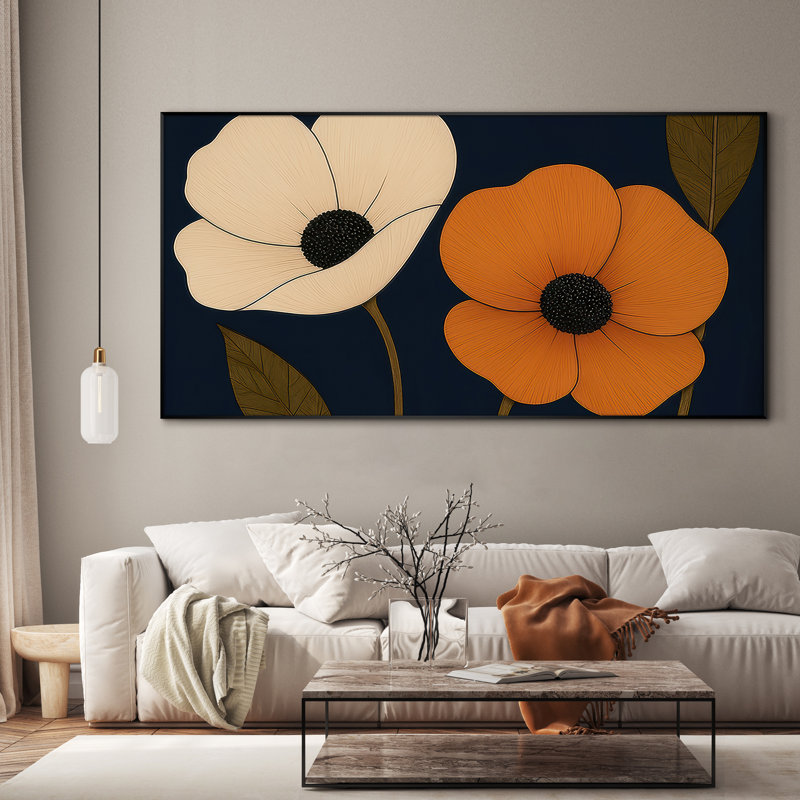 Extra Large Wall Art Fabric Print - Modern Neutral Abstract Flower for Contemporary Home Artwork Decor for Living Room or Bedroom - "Frame Assembly Required (Unfinished Frame)"