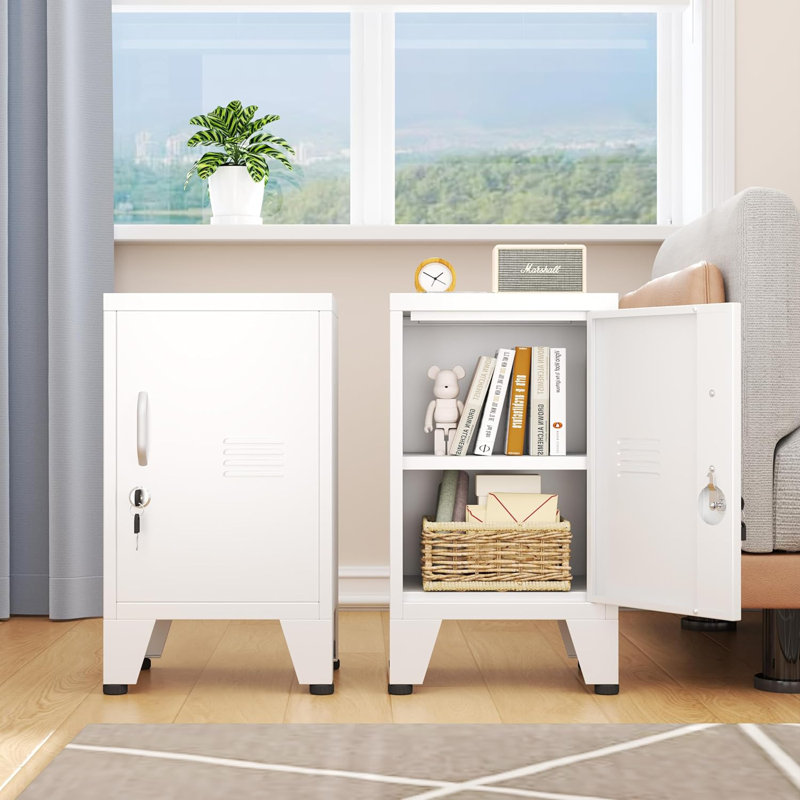 Metal Small NightStand Storage Cabinets with Lock and Adjustable Shelf, White