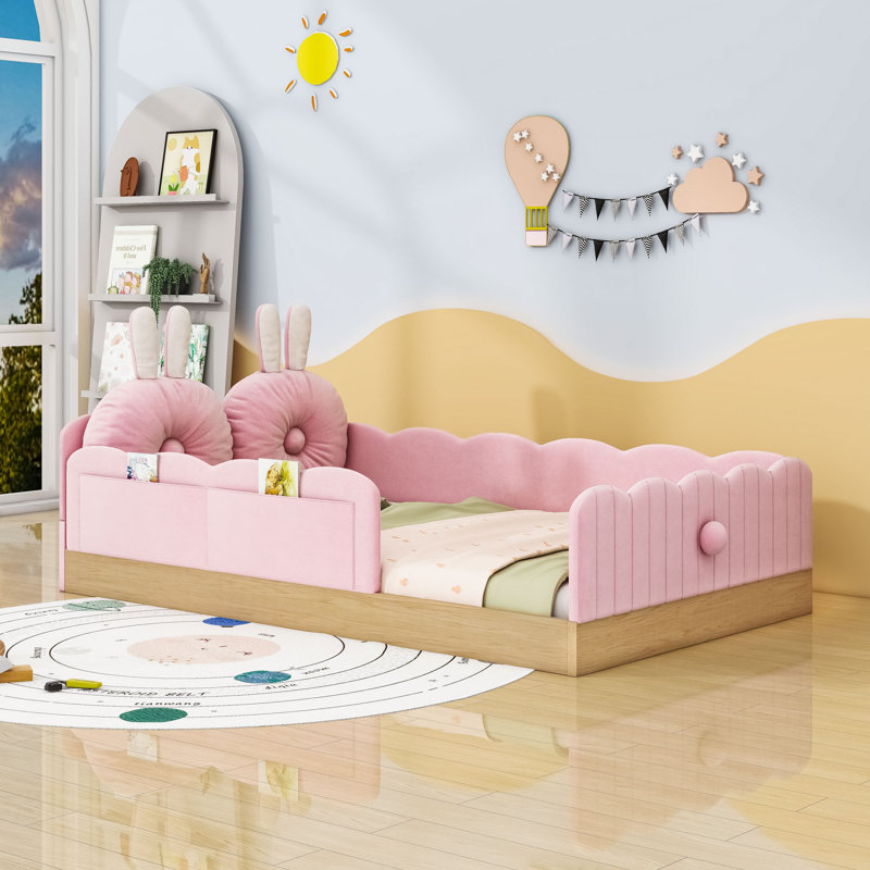 Upholstered Platform Bed With Animal Pillows And Storage Bags, Pink