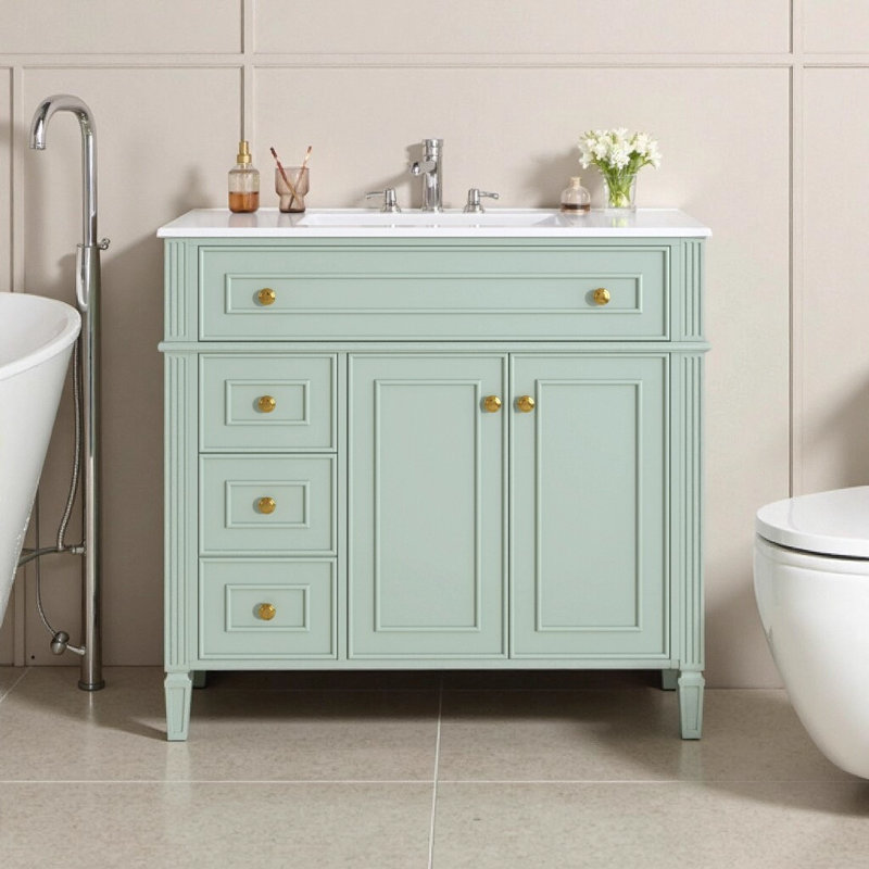 Meuble-lavabo vert 36 po avec lavabo en céramique, armoire en bois massif, tiroir rabattable, 3 tiroirs, 2 portes à fermeture en douceur et poignées dorées, conception autoportante moderne