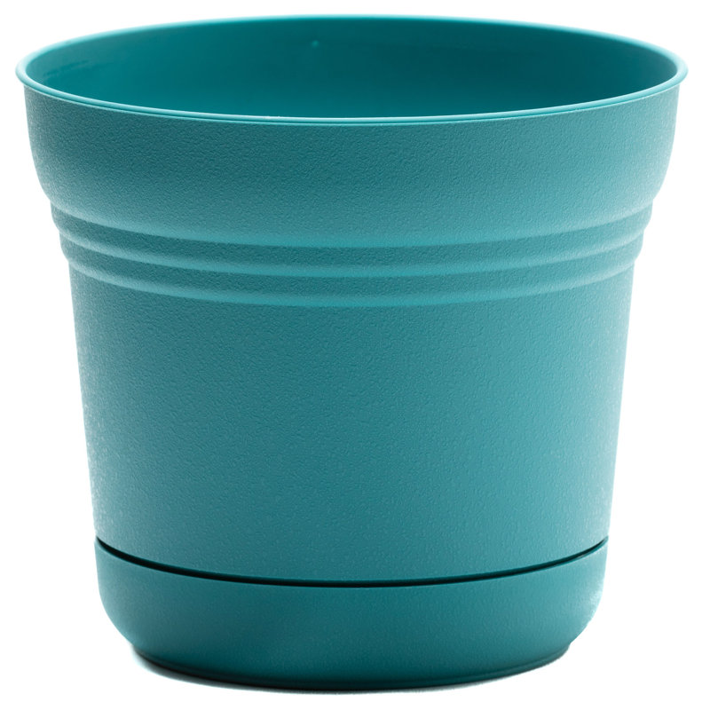 Saturn Traditional Plastic Indoor/Outdoor Round Planter with Saucer, 8.5" H x 9.75" W x 9.75" D, Bermuda Teal