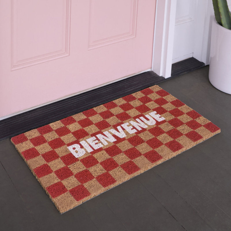 Bienvenue Red Checkered Doormat