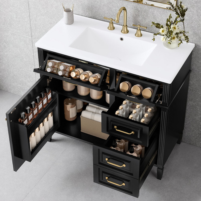 Meuble-lavabo moderne avec lavabo 36 po, armoire de rangement intelligente avec 2 tiroirs rabattables et tablette réglable, meuble-lavabo autoportant en bois massif
