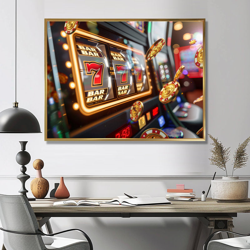 Machine à sous Jackpot Winner III, Toile avec cadre flottant or, H 16 po x l 32 po x P 1 po