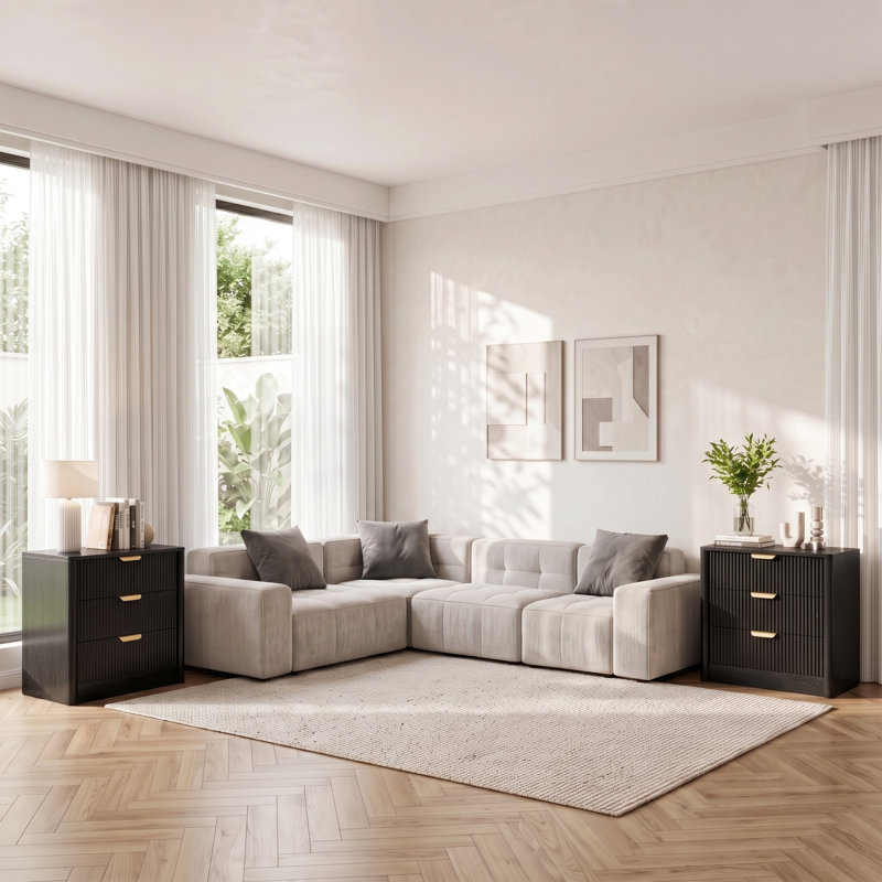 Ensemble de 2 tables de chevet cannelées de 60 cm (23,62 po) avec prises et ports USB intégrés, table de chevet à 3 tiroirs, table d'appoint en bois de style moderne du milieu du siècle, grande table de chevet pour chambre à coucher