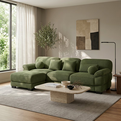 Canapé d'angle modulaire 3 places en velours côtelé vert avec pouf amovible et méridienne modulable