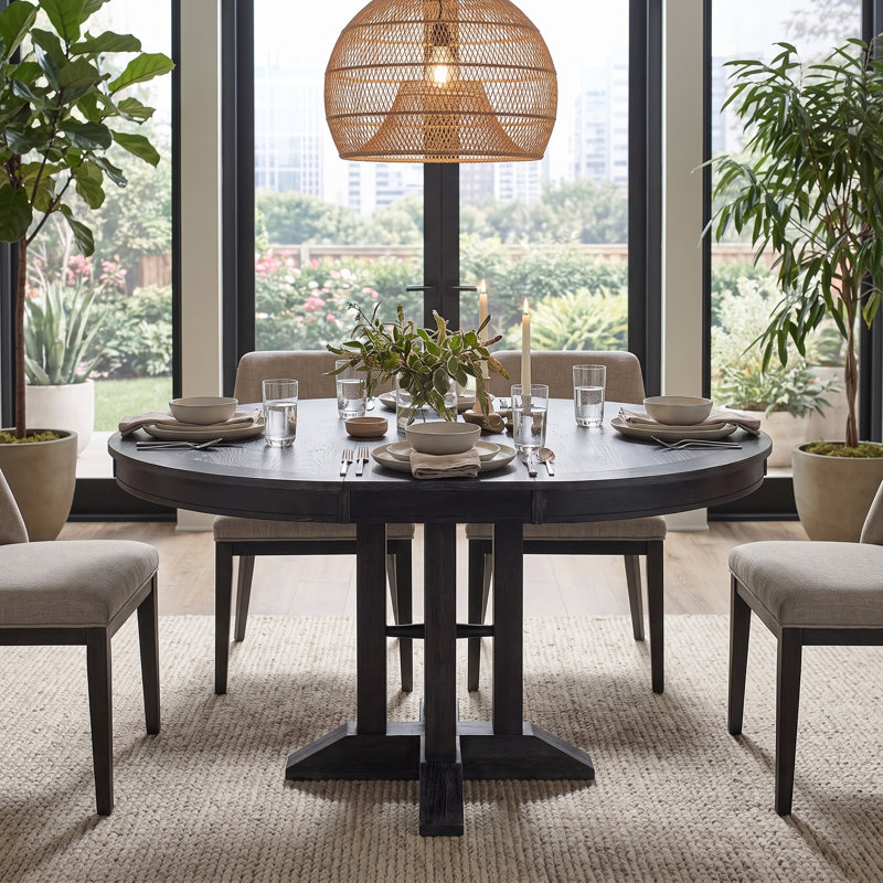 Table de salle à manger ronde extensible de style campagnard, plateau ovale convertible de 107 cm à 142 cm, en placage de chêne et piètement en X – Table ronde idéale pour la cuisine et la salle à manger