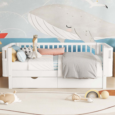 Kids Wood Platform Bed with Safety Rails and Ample Storage