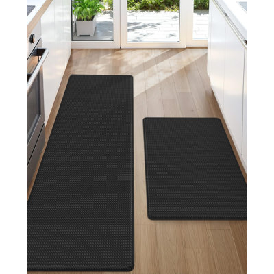 Anti Fatigue Cushion Padded Kitchen Mat For Floor - 17X29+17X59, Easy Clean, Waterproof & Oil Proof, Anti Slip, Foam Rubber Runner Rug, Black Set Of 2