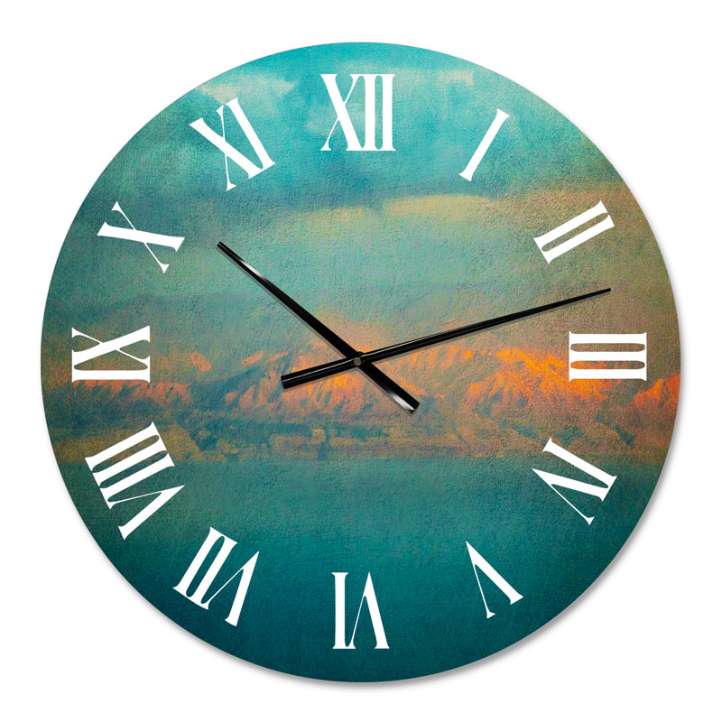 Glowing Mountains Over Sea, image vintage texturée - horloge murale moderne, Petit