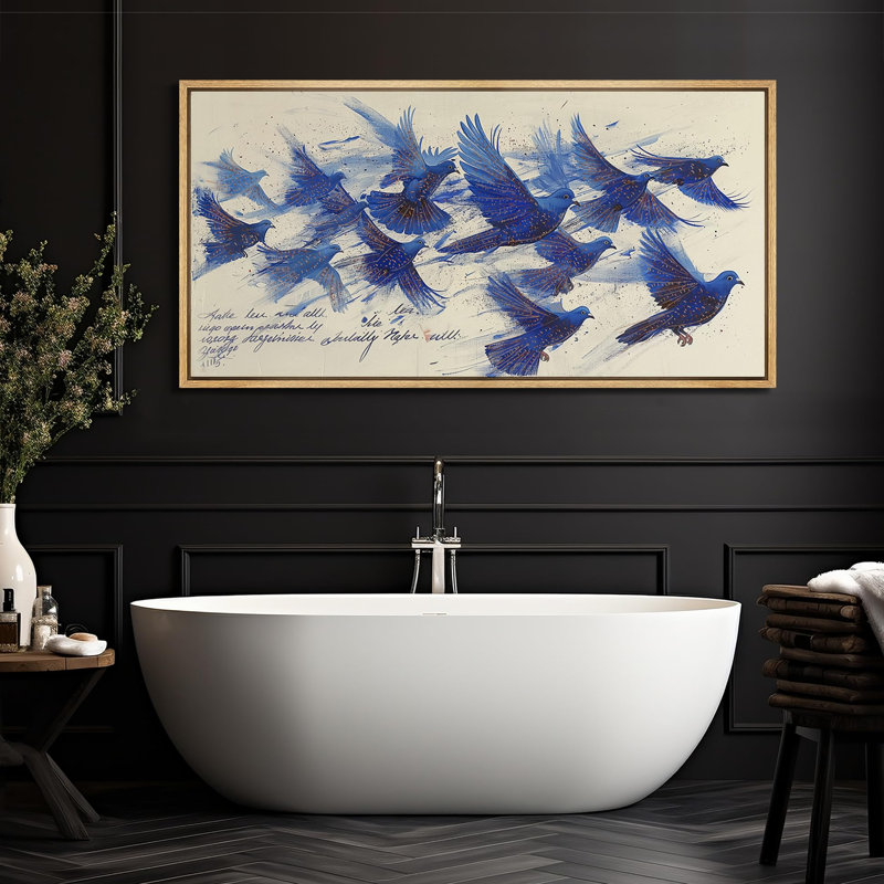 Animaux, vol élégant, oiseaux bleus vibrants, H 30 po x l 60 po, Naturel