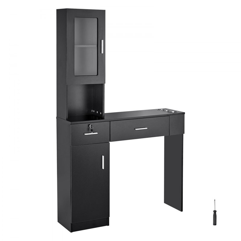 Salon Workstation, Wall-Mounted Unit for Hair Professionals, Spa Styling Storage Solution, Includes 1 Cabinet, 3 Shelves, 2 Drawers (1 with Lock)