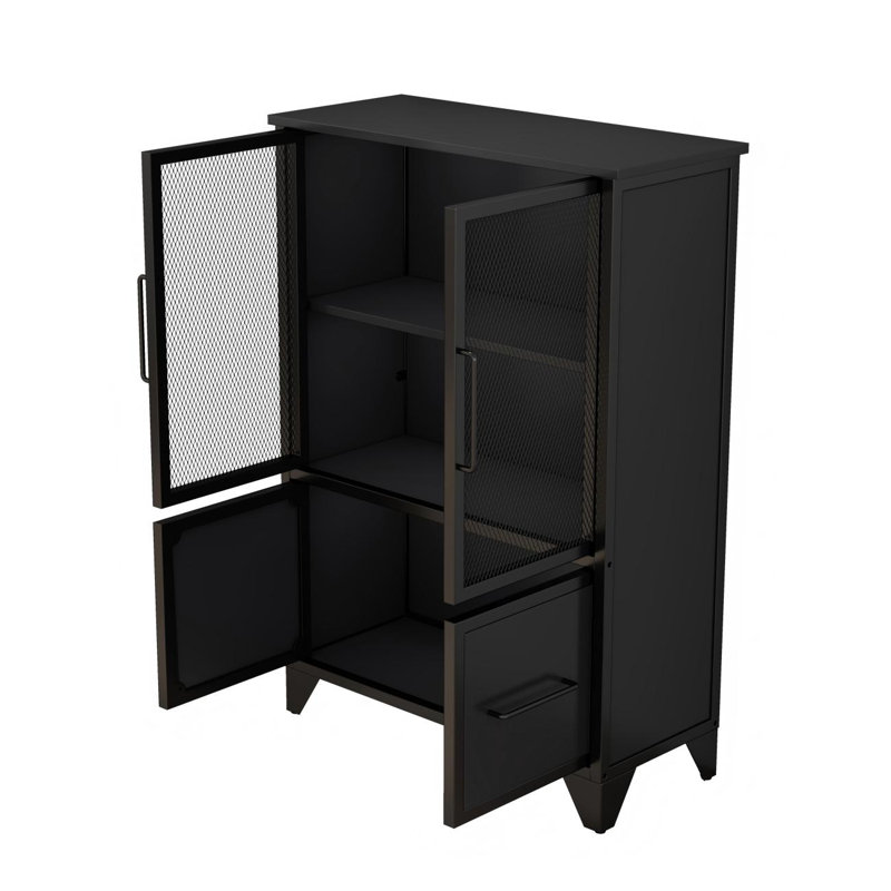 Storage Cabinet With 4 Iron Doors,Black Metal Handle,Sideboard With Adjustable Shelf,Black Sturdy Metal Frame And Metal Legs,Easy Assemble,For Living Room,Kitchen,Black