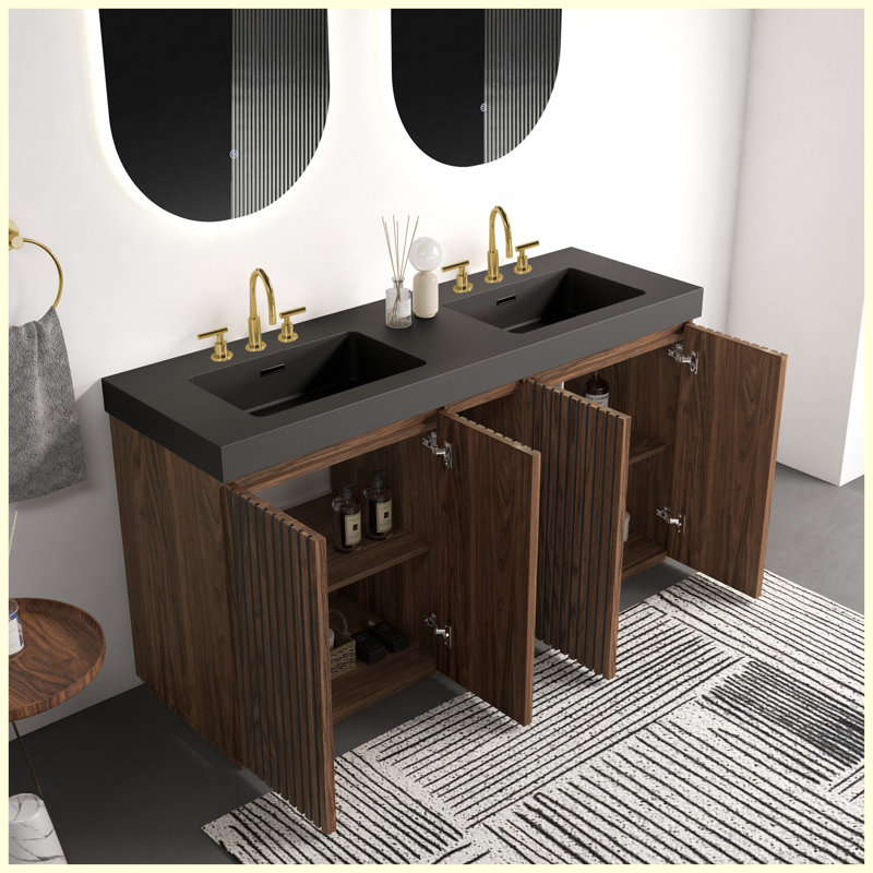 Meuble-lavabo autoportant en noyer de 60 po avec lavabo double 60 po, armoire de salle de bain moderne avec 3 trous de robinet et double cuve noire