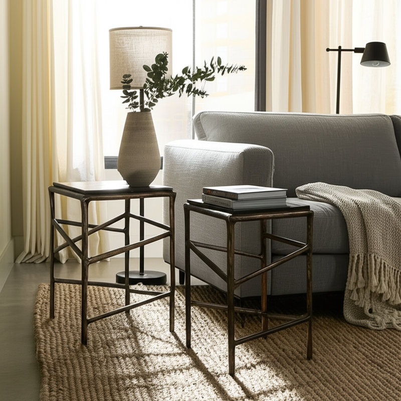 Modern Metal Aluminum Nesting Accent Tables with Glass Top Side Tables for Living Room, Bedroom, Office 25" & 23" Champagne