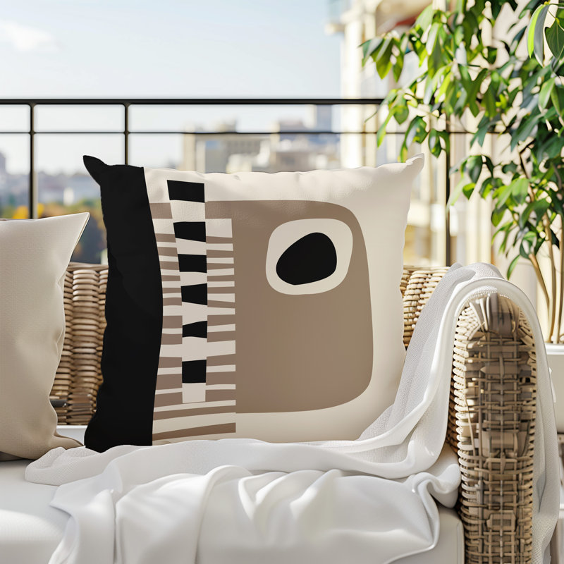 Oreiller carré réversible intérieur / extérieur Rikka, H 15 po x l 15 po, Beige / noir / blanc cassé abstrait