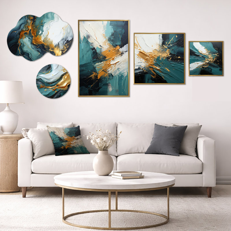 Décoration murale abstraite surdimensionnée à motif de cascade dorée et de marbre blanc II, 100 po x 40 po